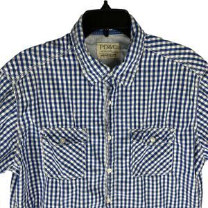 PD C Button Up Shirt Mens Size L Blue White Checkered Short Sleeve Cotton Preppy